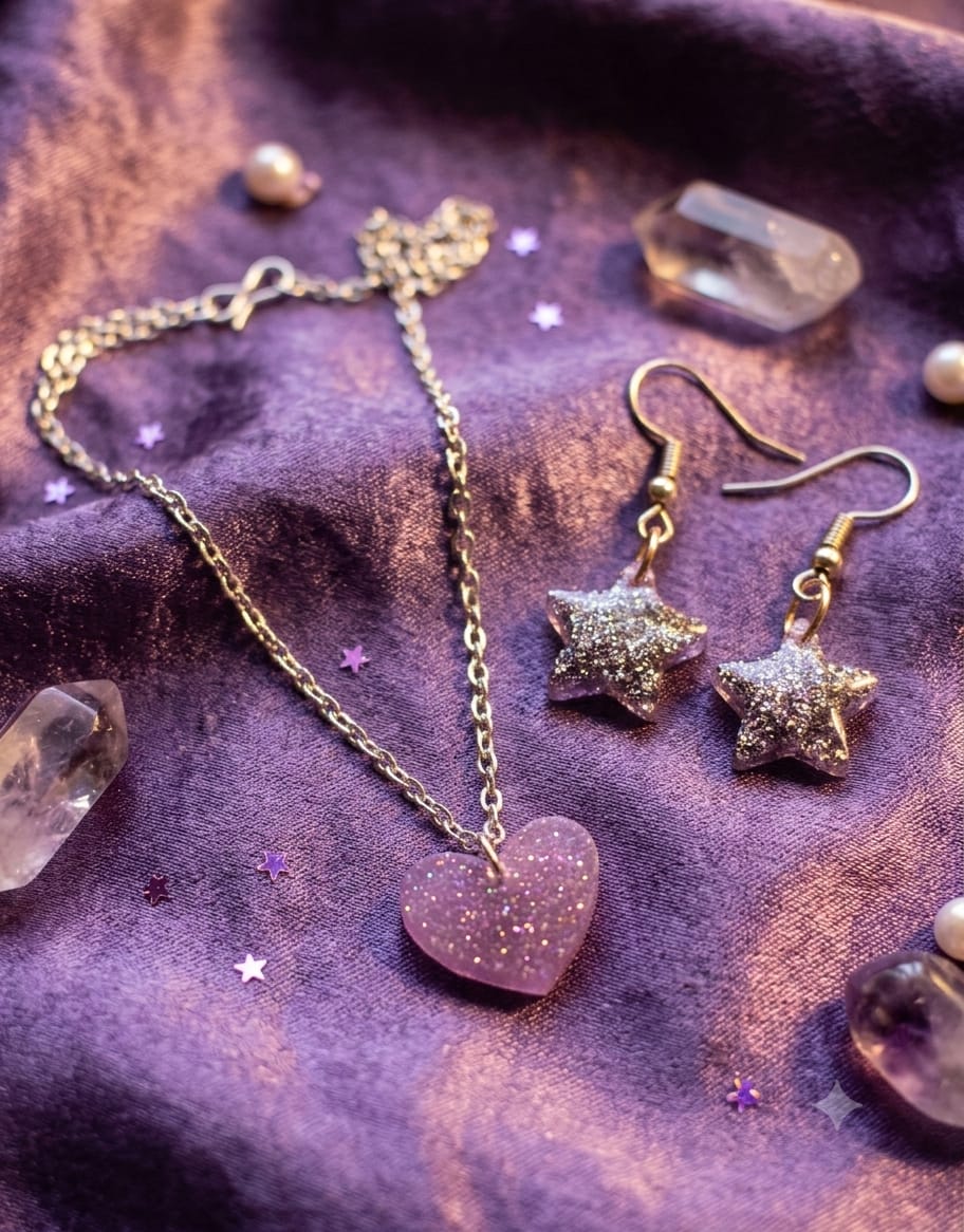 Galaxy Heart Necklace & Star Earrings Set